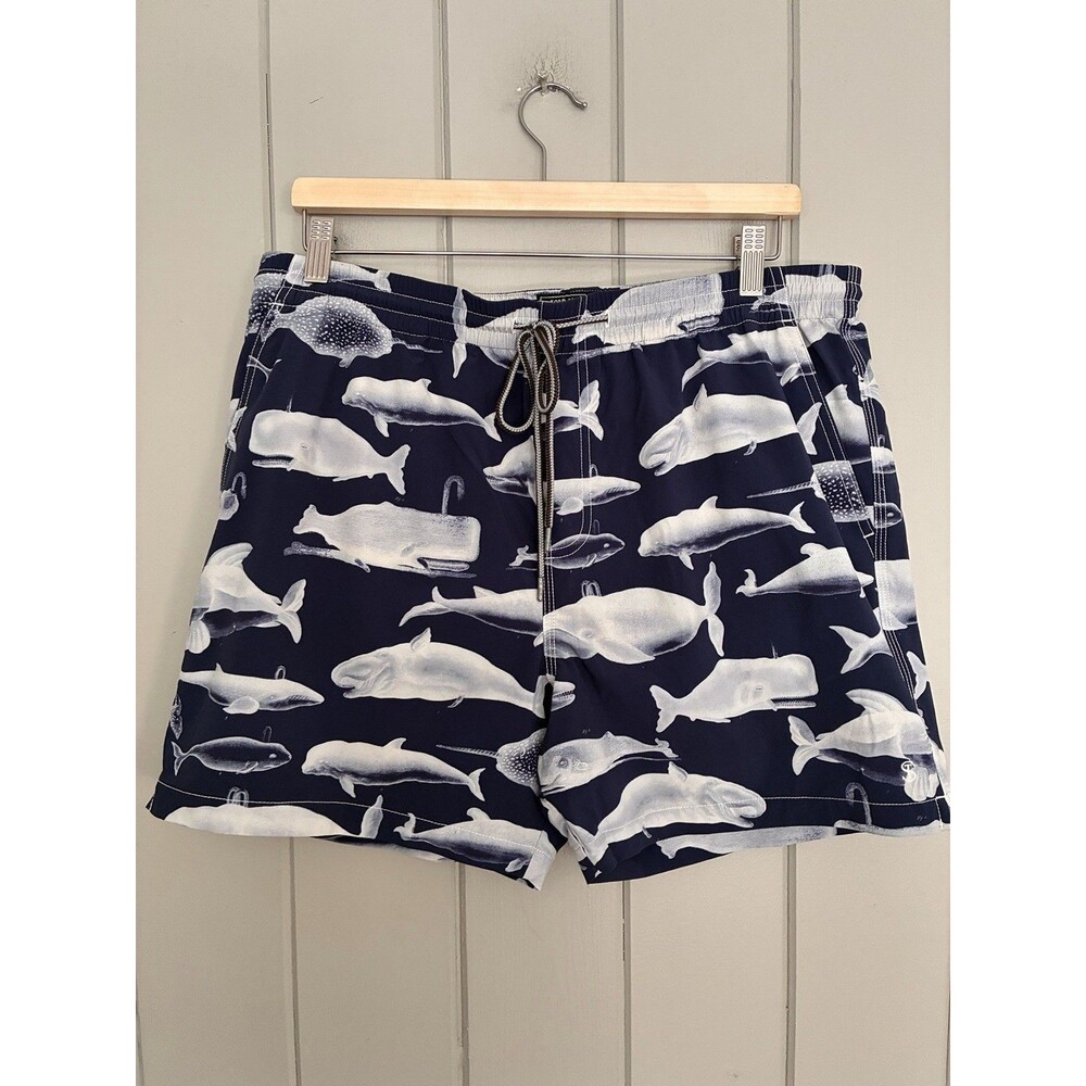 Todd Snyder Swim Trunks L Large Whale Print Navy Blue Stretch Pockets 4.5"